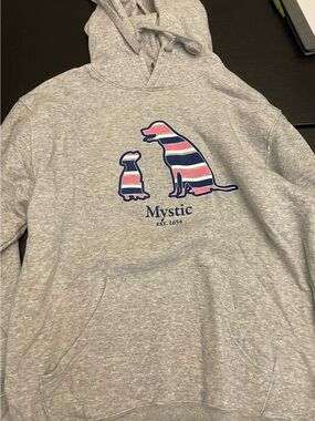 Unisex Mystic Grey Crewneck Hoodie with Pink & Navy Striped Dog Graphic